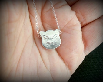 Silver Cat Necklace - Pendant Kitty Necklace - Cat Charm Sterling 925 - Unique Handcraft Cat Charm - Cat head Jewelry - Cat Lover Gift