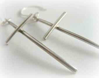 Cross earrings minimal sterling silver dangle earrings-Metalwork minimal earring cross-sale