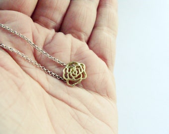 Gold Rose necklace - Rose Miniature Handcut Necklace - Small rose necklace -  Blooming Rose Cutout Necklace