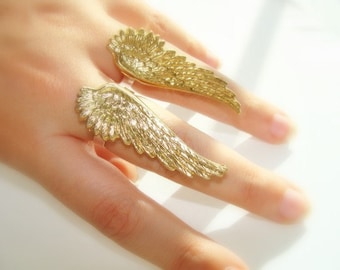 Anillo de alas de ángel - Anillo de alas de ángel de latón y plata - Joyería de alas de ángel ajustable - Anillo de alas de ángel de par - Anillo grande con estilo