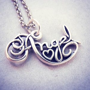 Silver angel necklace - tiny word quote sterling silver - Angel mini necklace - Modern sterling silver necklace - Tiny heart necklace 925