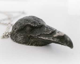 Black Raven Head Jewelry - Crow Necklace Sterling Silver - Halloween Jewelry - Black Crow Necklace - Crow Jewelry - Spirit Animal Necklace