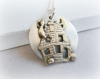 Haunted House Necklace - Haunted House Miniature Necklace - Halloween Necklace - Full Moon Necklace - Ghost House Sterling silver Necklace