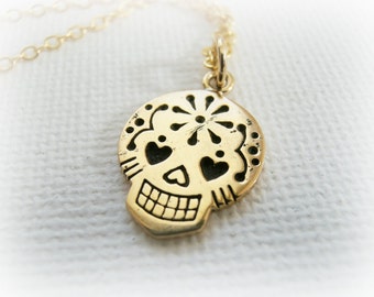 Gold Sugarskull Necklace - Sugar Skull gold Pendant - Dia de Muertos jewelry - Gold Skull Charm Necklace - Gold Skull Necklace
