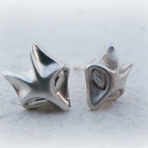 May include: A pair of silver fox head stud earrings. The earrings are made of a smooth, metallic material and have a detailed design.