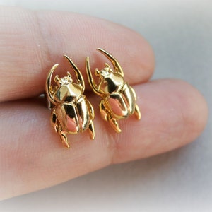 Scarab Gold Beetle Earrings - Insect Studs - Solid Brass Gold Plated - Unisex Men studs - Tiny Cartilage Earring