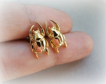 Scarab Gold Beetle Earrings - Insect Studs - Solid Brass Gold Plated - Unisex Men studs - Tiny Cartilage Earring
