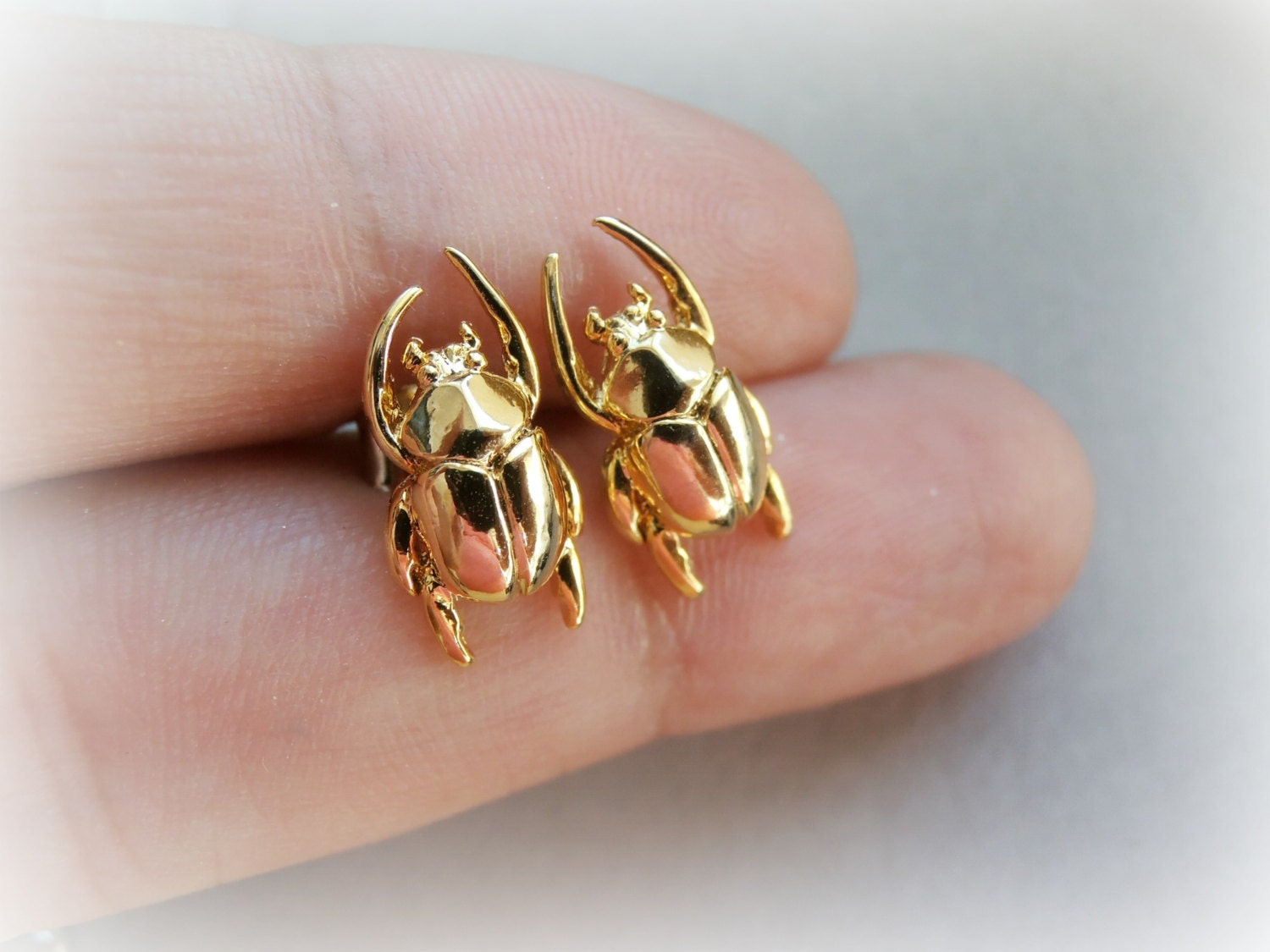 Scarab Gold Beetle Earrings Insect Studs Solid Brass Gold 