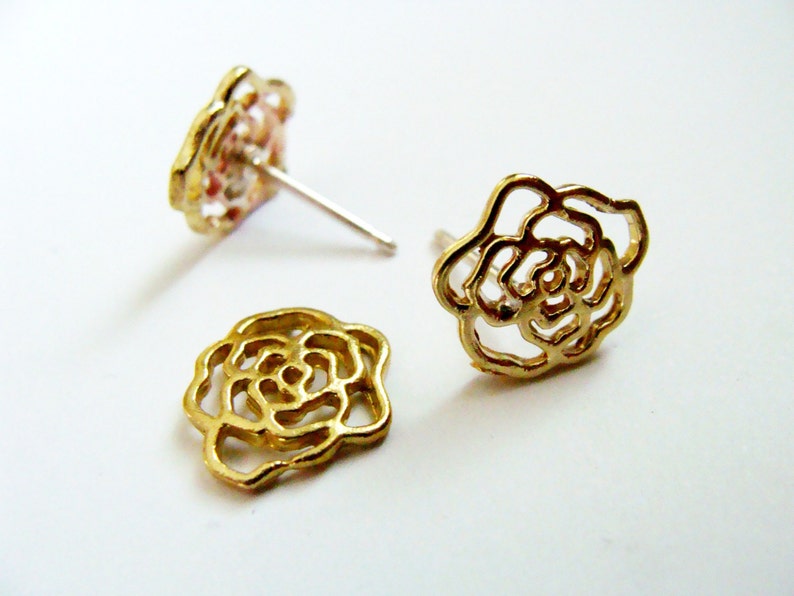 Gold Rose Studs Metalwork Brass and Sterling Silver Rose Earring Gold flower studs Rose studs image 2