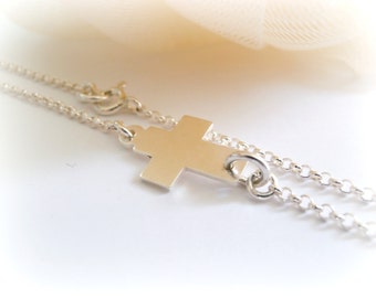 Silver Sideways Cross Bracelet - Sterling Silver Cross Bracelet - Sideways Cross Sterling Silver Bracelet