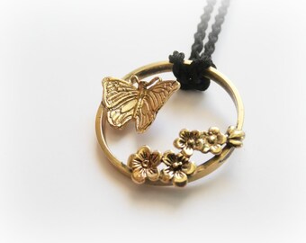 Spring Butterfly and Sakura Necklace - Metalwork Geometrical Brass Necklace - Spring Bridesmaid Necklace