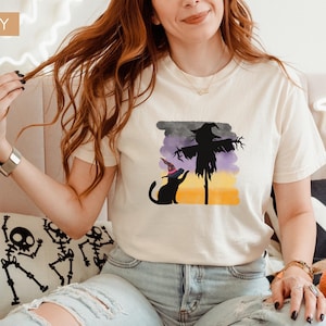 Comfort Colors® Witchy Black Cat Shirt, Vintage Halloween Tee, Spooky Fall T-Shirt, Cute Retro Gift for Cat Lovers, Witch Spooky Cat Shirt