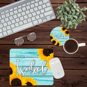 Sunflower Mousepad and Coaster PNG, Sublimation Design. Digital Download, Png Template, Aqua Whitewash Wood PNG, Sunflower PNG, Design 024