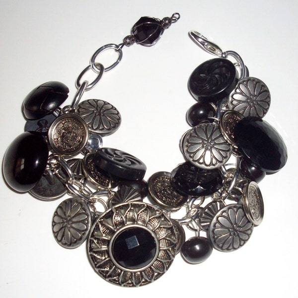 Charm Bracelet Vintage Buttons Sunflower Black Silver