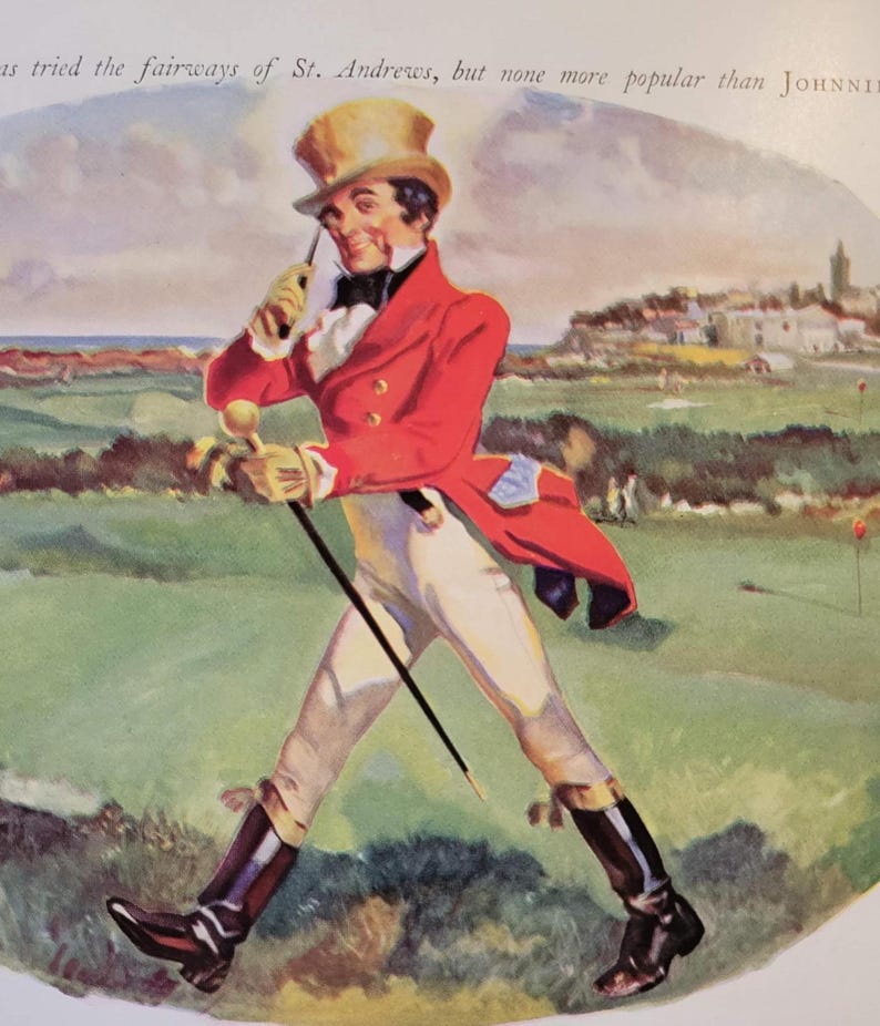 Puede incluir: Ilustraci&oacute;n vintage de un hombre con abrigo rojo, sombrero de copa y botas, sosteniendo un palo de golf y un bast&oacute;n en un campo de golf verde. El fondo muestra una ciudad costera y el texto "...fairways of St. Andrews..."