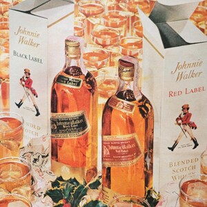May include: An advertisement featuring bottles of Johnnie Walker Black Label and Red Label scotch whisky. The bottles are amber-colored, with labels and gold foil seals. The image includes glasses of whisky with ice and the Johnnie Walker logo.