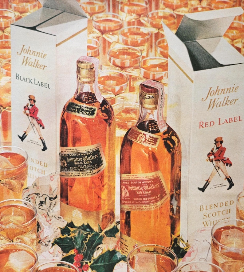 May include: An advertisement featuring bottles of Johnnie Walker Black Label and Red Label scotch whisky. The bottles are amber-colored, with labels and gold foil seals. The image includes glasses of whisky with ice and the Johnnie Walker logo.