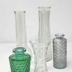 Puede incluir: Un surtido de jarrones de vidrio de varias formas y tamaños. Los jarrones son transparentes, verdes y grises, con superficies texturizadas y lisas. El arreglo incluye jarrones altos y delgados y otros más cortos y decorativos.
