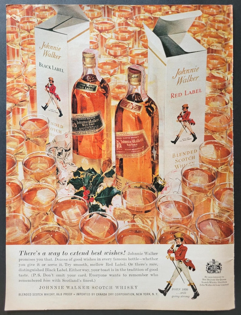 May include: Vintage advertisement for Johnnie Walker Scotch Whisky. The image features two bottles of whisky, labeled Black Label and Red Label, surrounded by glasses of amber liquid with ice cubes. The ad includes text and illustrations.