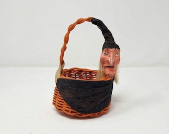 Halloween Decor | Wicker Basket with Paper-mache Witches Head | Vintage