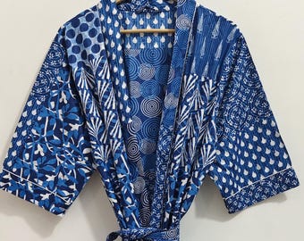 Blue Indigo Cotton Kimono Robe: Boho Japanese Dressing Gown