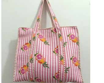 Boho Floral Hand Block Printed Cotton Quilted Tote Bag