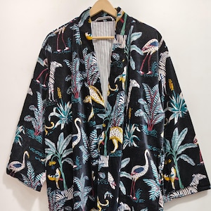 Indian Black Jungle Print Velvet Kimono Robes, Morning Tea Velvet Coat, Bridesmaid Robe, Women Wear Cotton Velvet robe, Velvet Jacket
