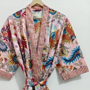 Women&#39;s Kimono Robe Cotton Dressing Gown Boho Cotton Bathrobe for Women Lightweight 100% Organic Cotton Hand-printed Long Yukata Japanese