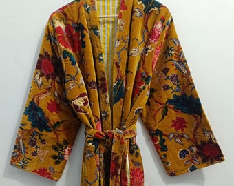 Floral Velvet Kimono Robe: Cotton Winter Jacket, Bridal Cover-Up
