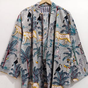 Grey Jungle Print Velvet Kimono Robes, Morning Tea Velvet Coat, Bridesmaid Robe velvet kimono robe for women ladies bathrobe Kimono Robe