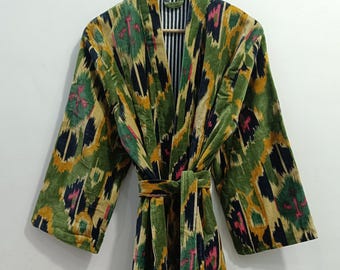 Printed Velvet Kimono Robe: Bohemian Cotton Winter Jacket