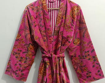 Floral Velvet Kimono Robe: Cotton Winter Jacket, Bridal Robe