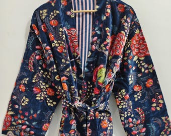 Floral Print Velvet Kimono Robe, Morning Coat, Bridesmaid Robe