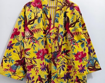 Yellow Bird Print Velvet Kimono Robe: Indian Cotton Jacket