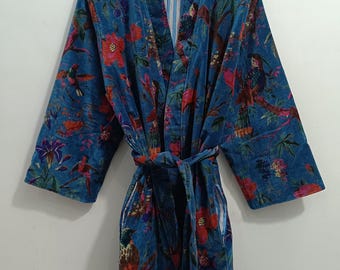 Bird Print Velvet Kimono Robe: Floral Cotton Winter Jacket