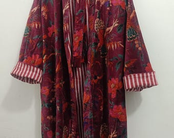 Velvet Kimono Robe: Bird Print, Japanese Style Morning Coat