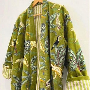 Green jungle safari Women Velvet Kimono Robes Jacket Morning Tea Velvet Coat Bridesmaid bridal Robe Cotton winter robe Jacket bathrobe Gift
