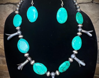 925 Sterling Silver 22” Navajo Pearl Squash Blossom Necklace with Earrings