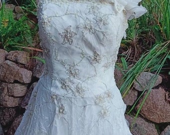 White pink flower girl wedding dress in this one of a kind tattered ragged shabby tie up flower girl or bridesmaids dress 3-5 yo