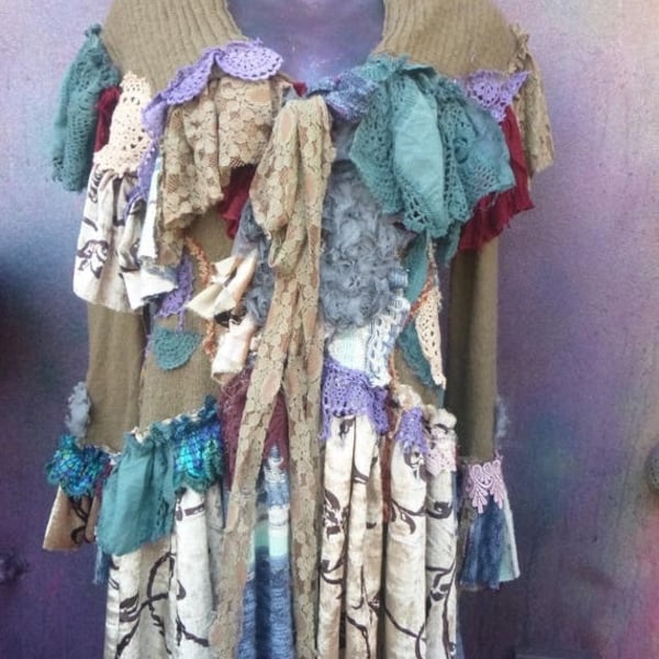Festival wildskin duster knit Fantasy gypsy coat lagenlook bohemian woodland, jacket, fantasy tattered coat upcycled gypsy  L XL  XXL