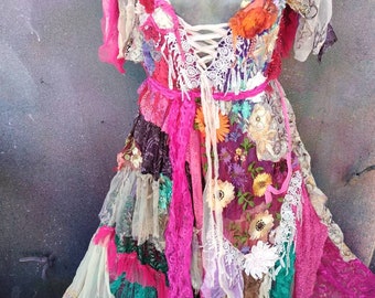 Bohemian gypsy Wildskin bridal beach garden hippy wedding  fantasy prom formal photo shoot lace crochet Stevie nicks tattered woodland M L