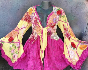 Festival romantic Boho gypsy tie up top bohemian gypsy Boho festival pink hippy stevie nicks hipster funky duster festival free size M L