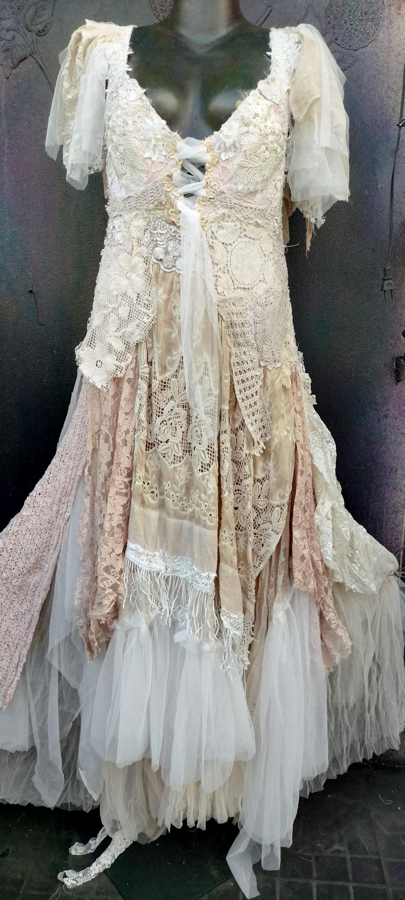 white lace gypsy dress White Boho Lace Maxi Dress  Deep V-Neck A-Line Dress with Slit
