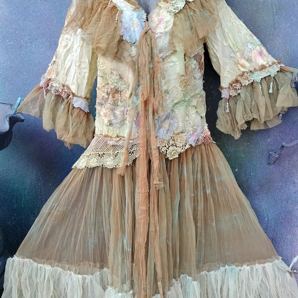 bohemian duster gypsy hippy fantasy gothic boho wildskin romantic garden fairy angel stevie nicks  woodland fantasy tattered M to 46"