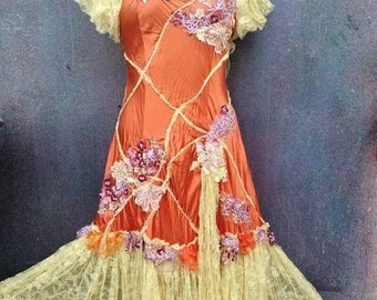 20%OFF boho beach party gown dress wildskin forest gypsy orange silk shabby fantasy formal bohemian romantic boho tattered cocktail  M L