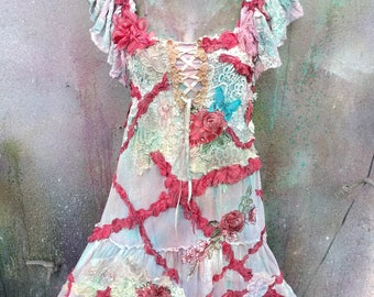 Bohemian garden Boho Stevie Nicks wedding wildskin gypsy fantasy hippy formal romantic bohemian boho tattered dress woodland, romantic M