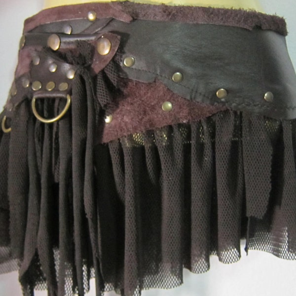 RESERVED..vintage inspired bohemian chocolate leather mini skirt belt/tutu with stud detail....