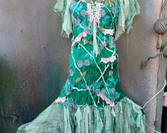 RESERVED satin garden Boho Stevie Nicks wedding wildskin gypsy fantasy hippy formal romantic boho tattered dress woodland romantic M