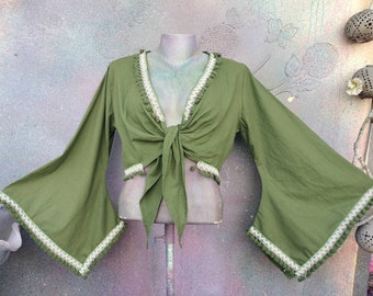 Olive Green Cotton Tie-Up Crop Top: Bohemian Kimono Sleeve Pom Trim