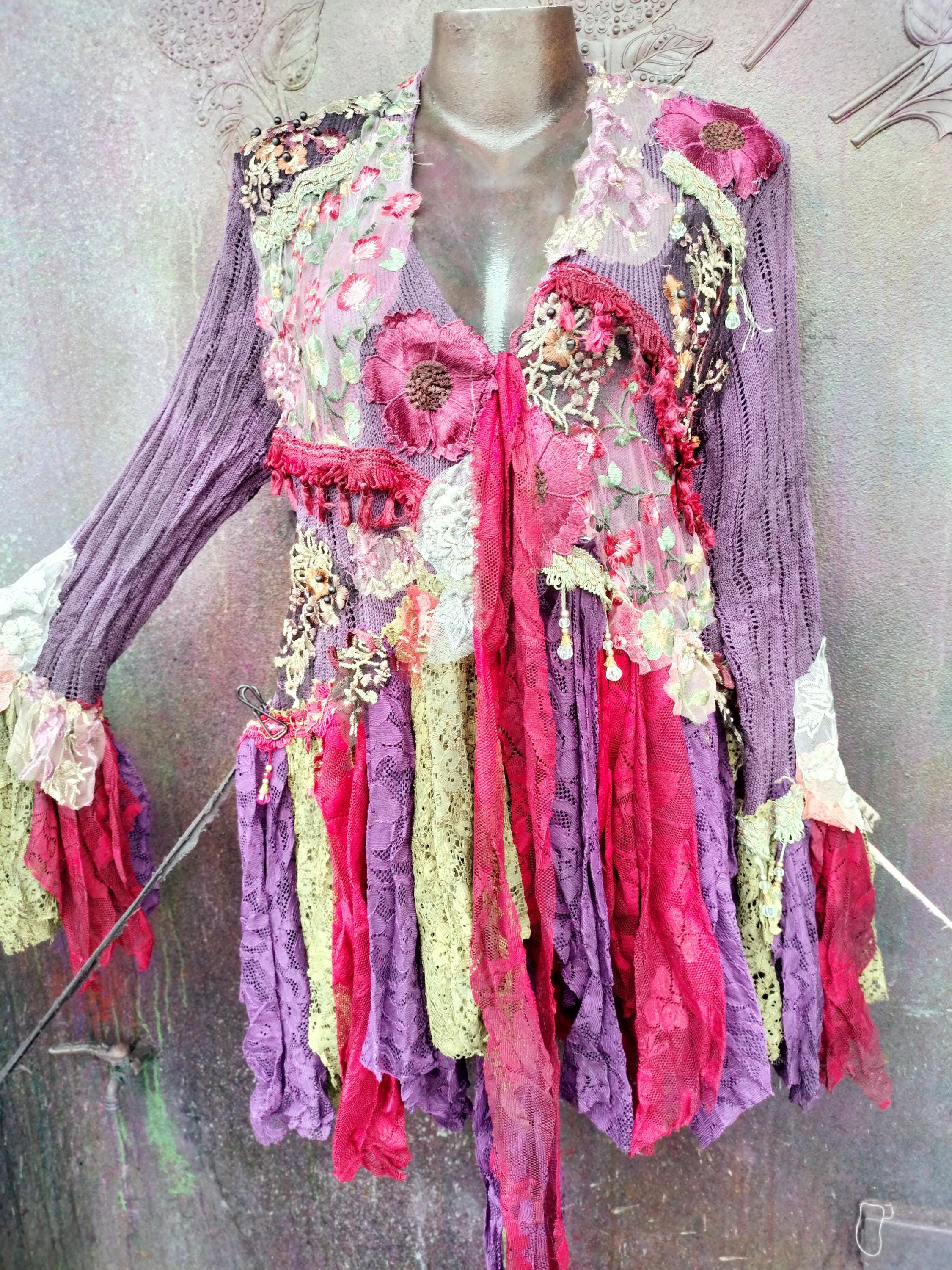 Bohemian duster gypsy hippy fantasy lace tattered OOAK gothic boho wildskin romantic garden fairy angel woodland fantasy tattered L to 50